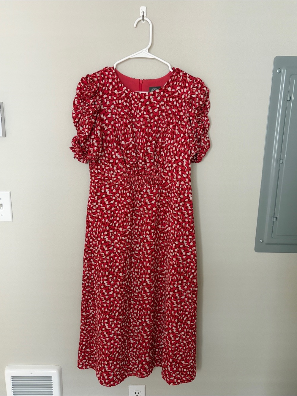 Vince Camuto Red Midi Dress with Puff Sleeves and Cream Dot Print